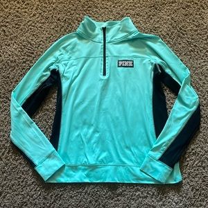 PINK Victoria Secret Ultimate green with black trim 1/4 zip front top Sz Large